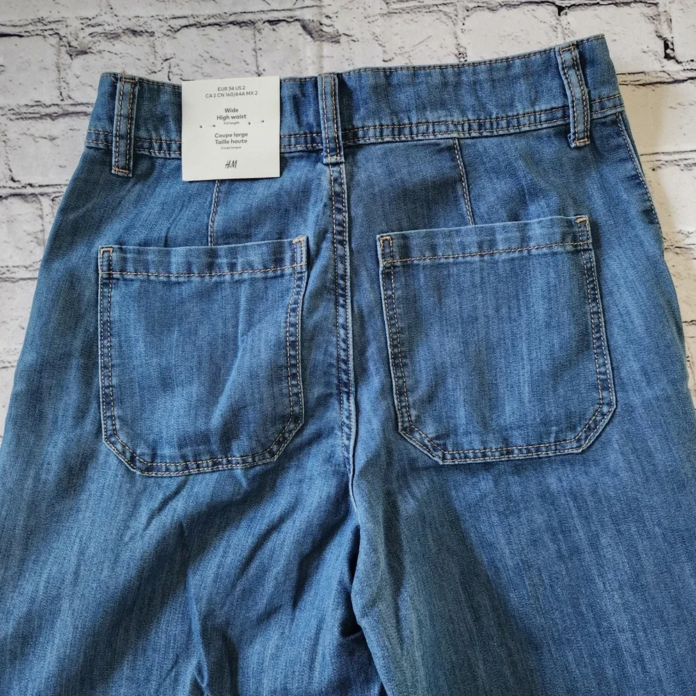 H&M Women Wide High Waist Jeans Blue Medium Wash Patch Pocket Denim US 2 NEW